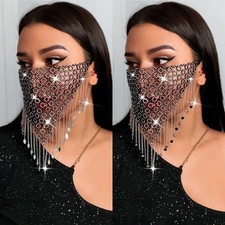 Shiny Rhinestone Face Mask Bling Tassel Veil Mask Reusable Metal Crystal Belly D