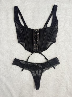 Honey Birdette Rebecca Black Bralette  & Thong Set, Size S