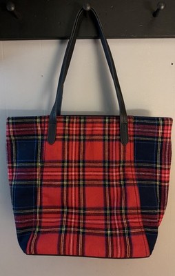 J.Jill Tartan Plaid Flannel Felt Leather Handle Large Tote Bag Zip Top Red Grn