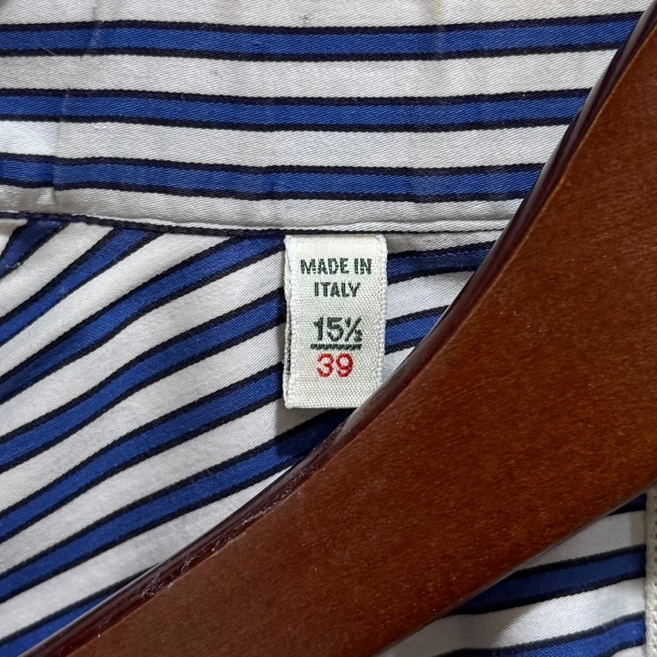LUIGI BORRELLI LUXURY VINTAGE 15.5 39 Blue White Striped Stretch Dress Shirt - Image 4 of 4