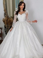 Graceful Wedding Dresses Embroidery Lace Bead Ball Gown High-Neck Full Sleeve