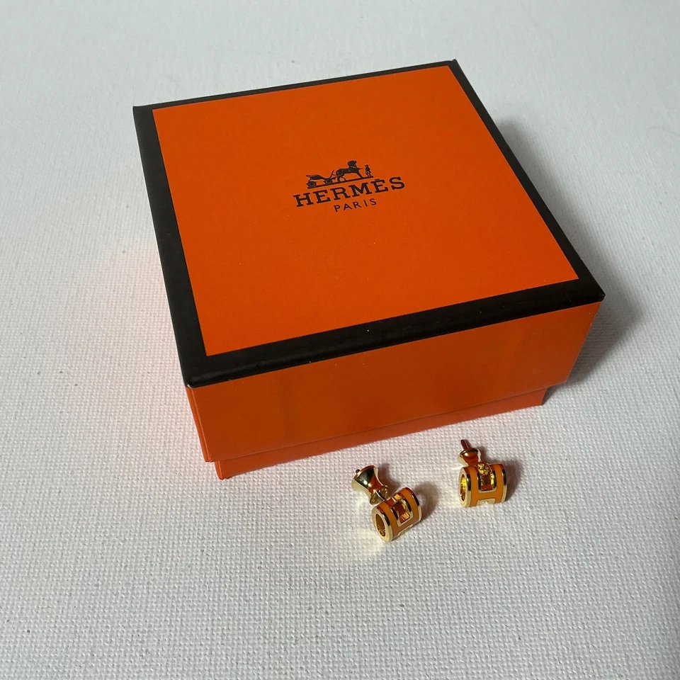 100% Authentic Hermes Mini Pop H Earrings Orange Gold Plated - Image 3 of 4
