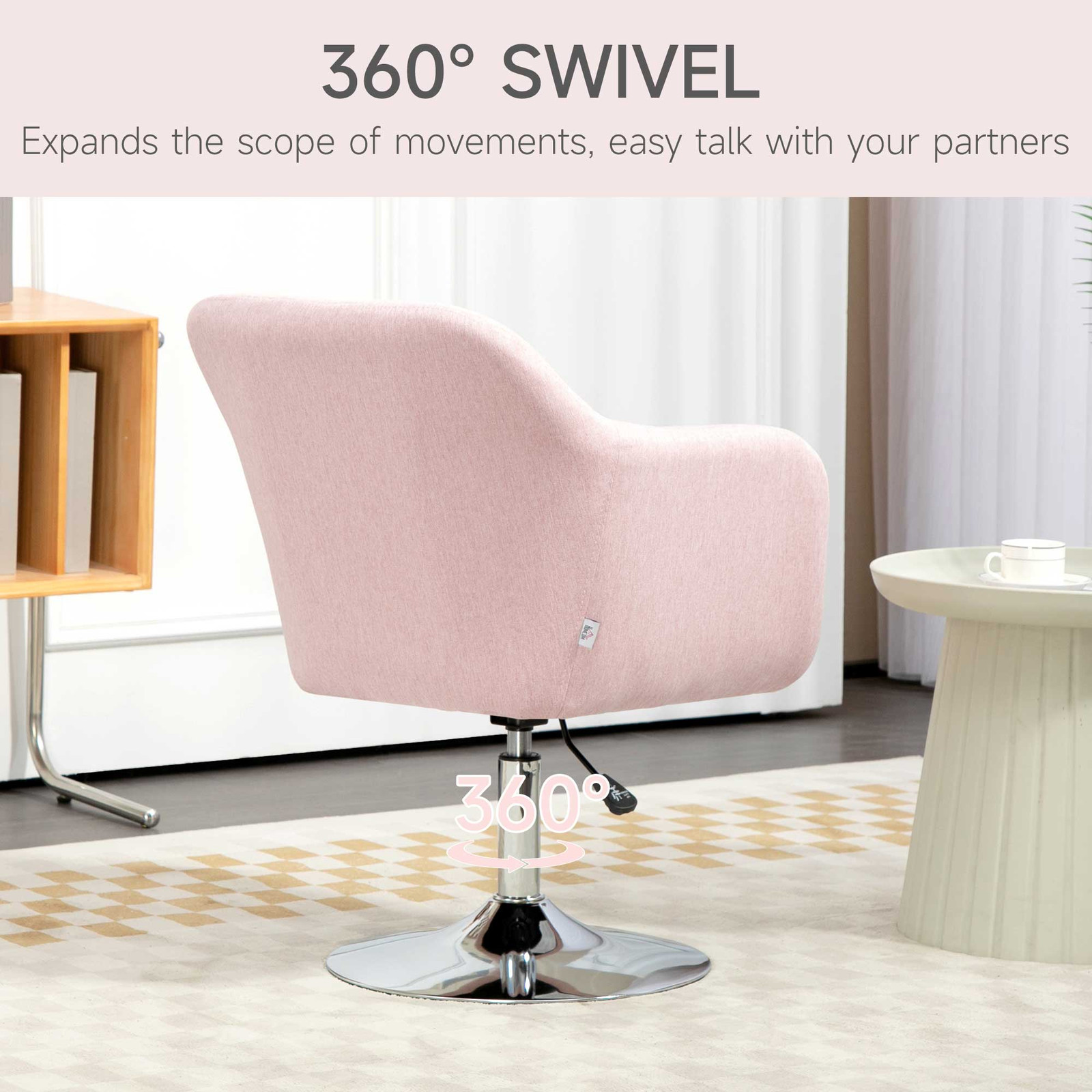 Pink Swivel Lounge Chair, 60x60x91cm, Linen & Steel, Adjustable Height, Retro