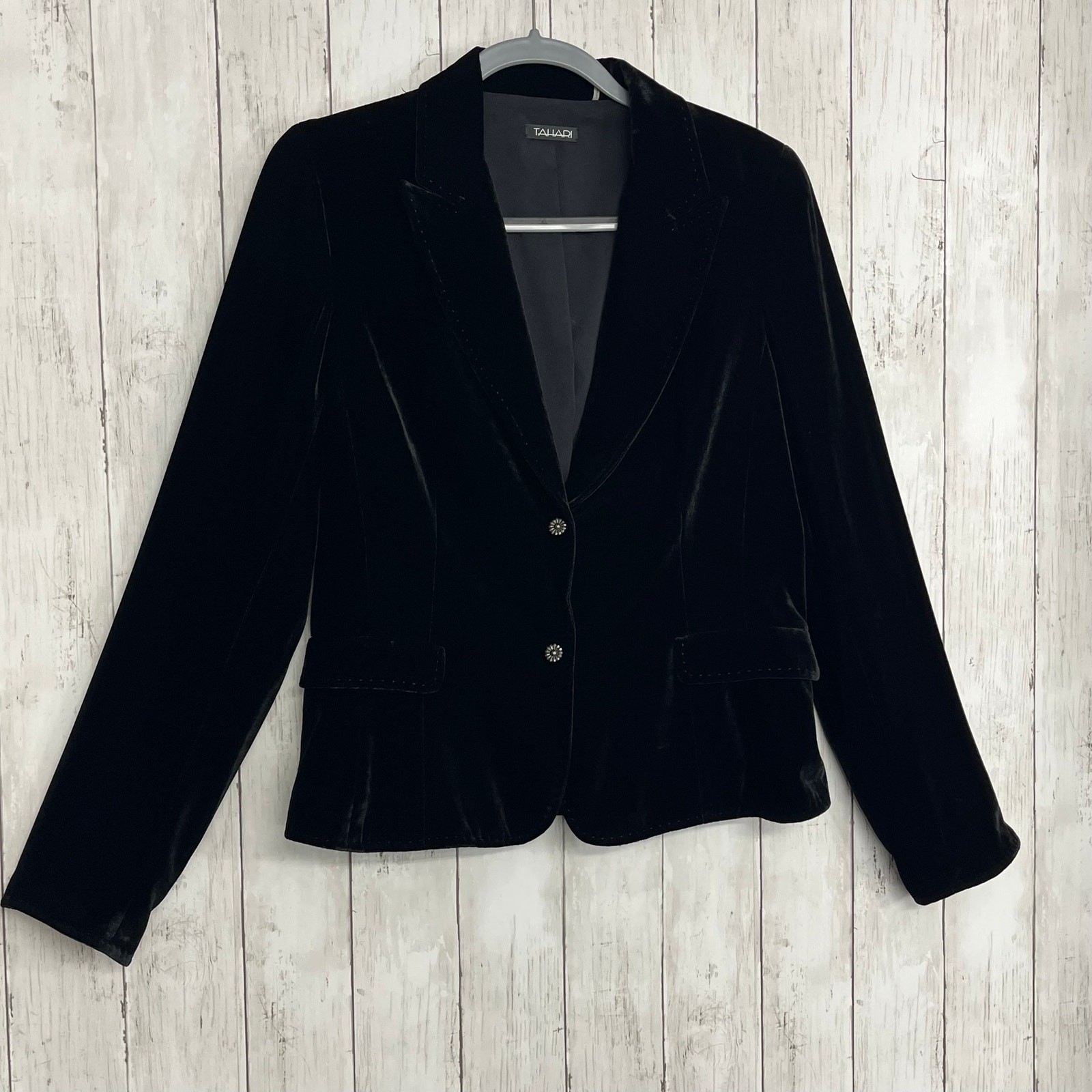 Tahari Black Silk Blend Velvet Blazer Women’s Large Floral Snap Button M98JR136