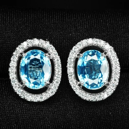 925 Sterling Silver White Gold Earrings Vibrant London Blue Topaz Oval 4.75Ct