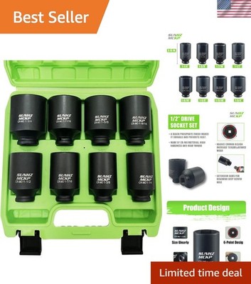 1/2'' Drive Deep 6-Point Impact Socket Set, 8-Piece Standard SAE Spindle Axle ...