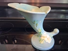Roseville Pottery White Rose Blue Cornucopia Vase 143-6
