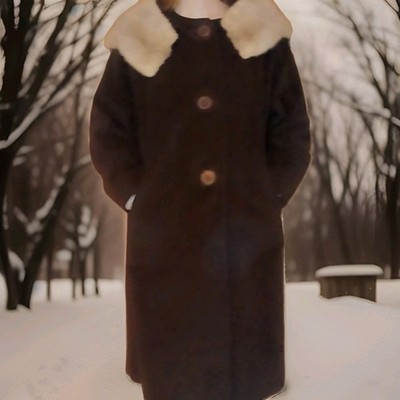 Vintage Womans Winter Coat Small Brown 1950s Style Fur Collar + Long Gloves 