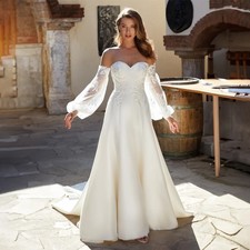 Satin A-line Wedding Dress with Removable Long Puffy Sleeve V-neck Applique Gown