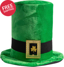 St.Patrick'S Day Leprechaun Top Hat,Velvet Shamrock Clover Hat Irish Plush Green