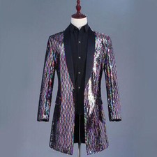 Men Formal Shiny Sequin Longline Jacket Suit Blazer Outfit Stage Costume Top New