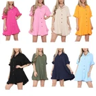 Gold Button Pleated Frill Summer Shirt Swing Smock Mini Dress TIKTOK Top