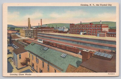 The Crystal City Corning New York Linen Postcard Birdseye Warehouse Factory View