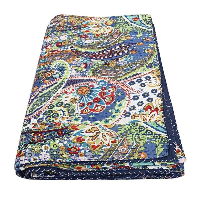 King Size Kantha Quilt Handmade Vintage Blanket Cotton Bedspreads Coverlet Quilt - Image 2 of 4
