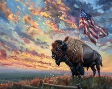 8x10 Matte Print Bison under U.S. Flag in Patriotic Sky