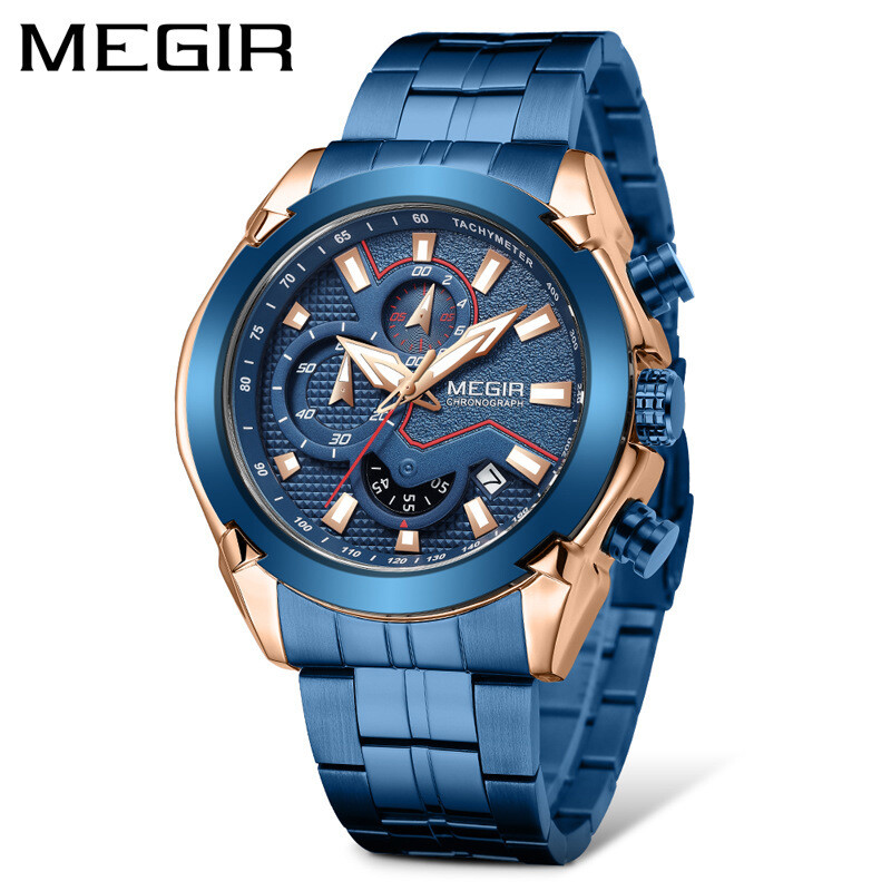 MEGIR Luxury Mens Stainless Steel Watches Chronograph Calendar