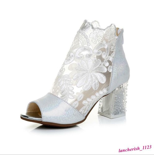 Lace Women's Leather Open Toe Sandals Chunky Heels Shoes Ankle Boots Hollow Out - Bild 7 von 13
