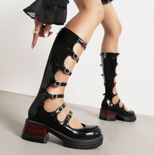 Scarpe stivali donna Roma scavati metà polpaccio tacco grosso cerniera punta tonda chic