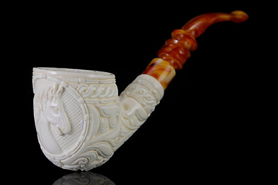 Ornate Egg Pipe Horse Embossed By Erdogan EGE block Meerschaum New W Case#48