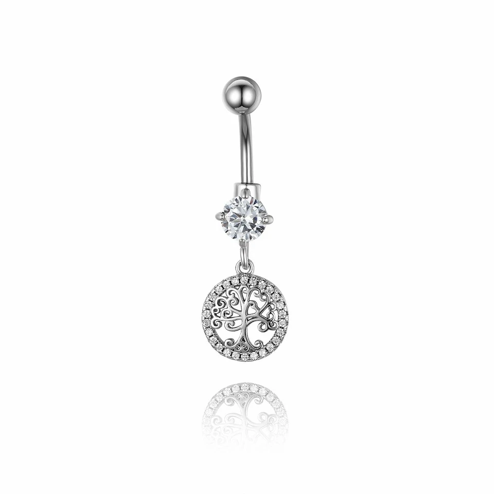Stainless Steel Belly Button Ring Navel Barbell CZ Tree of Life Piercing Jewelry - Image 2 of 4