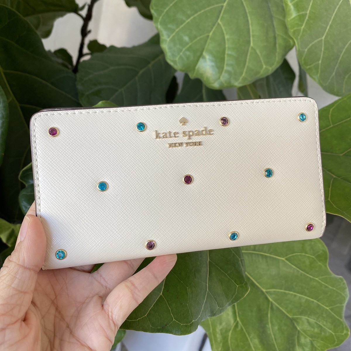 NWT Kate Spade Studded Madison Large Slim Bifold Wallet Meringue Cream KE713