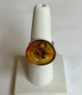 Adjustable M-O Size Silver Plated Ring Base with Amber Flower Attached - Image 1 of 4