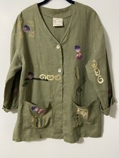 Play Alegre Linen Jacket Women Ml Olive Green Handpainted Pockets Floral Art