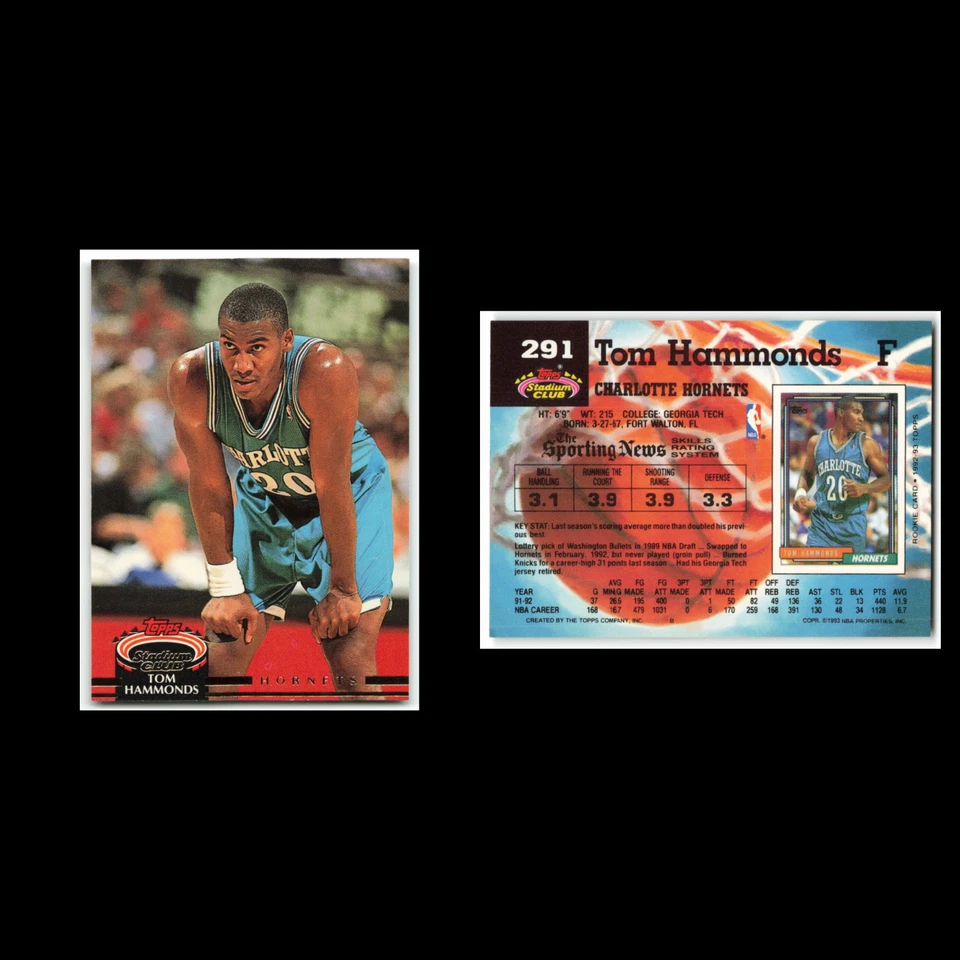 Tom Hammonds #291 1992 Topps Stadium Club Charlotte Hornets Basketball Card NBA - Image 3 of 3