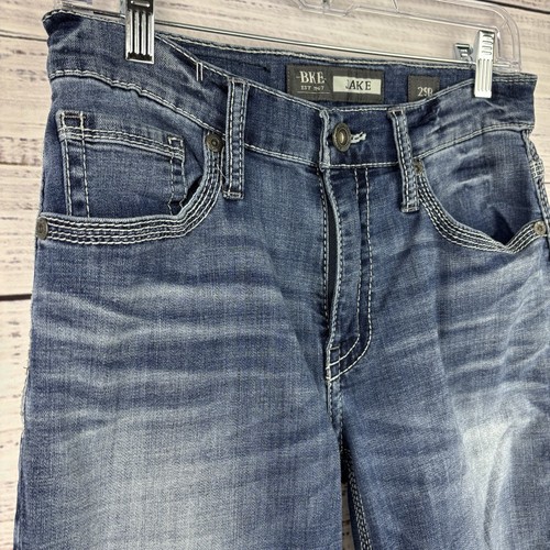BKE Jake Bootleg Buckle Jeans Mens 29R Distressed Whiskering Stretch Embroidered - Picture 3 of 12