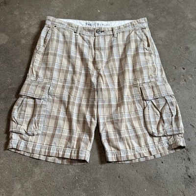 Tommy Bahama Cargo Shorts Mens 36 Tan Plaid 100% Cotton Casual Beach Baggy