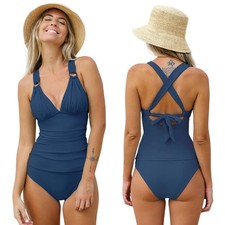 Cupshe Women's Blue V Neck Back Tie Tankini Top  Standard Bottoms Set Small