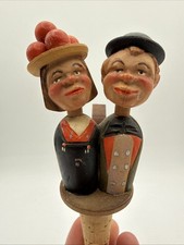 Vintage Wooden Mechanical Bottle Cork Stopper Hand Carved Kissing Couple