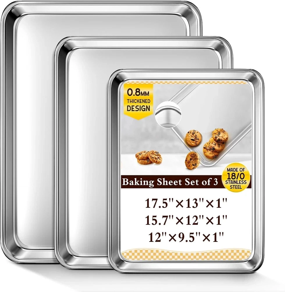 Baking Sheet Set of 3, Commercial Grade Stainless Steel Cookie Sheets for Baking