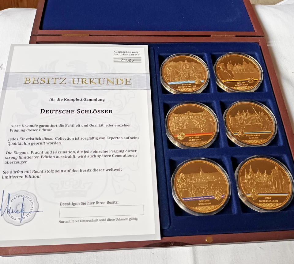 6-Medaille-Komplettsammlung DEUTSCHE SCHLÖSSER vergoldet je 50 mm in Holzbox - Bild 1 von 4