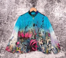 Citron Santa Monica Top Large Womens Textured Silk Art Floral Button Blouse