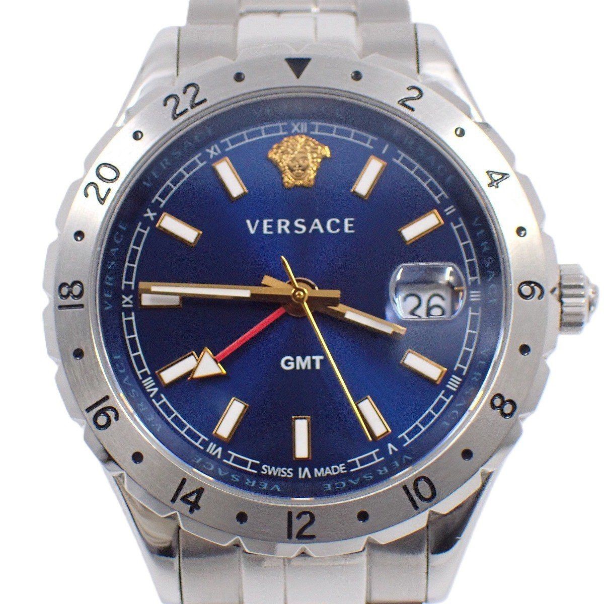 Versace Hellenyium GMT Quartz Men's Watch Blue Dial SS Band Used From Japan