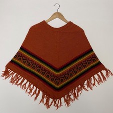 Peruvian Alpaca Blend Poncho Orange Boho Geometric Fringe Made in Peru One Size