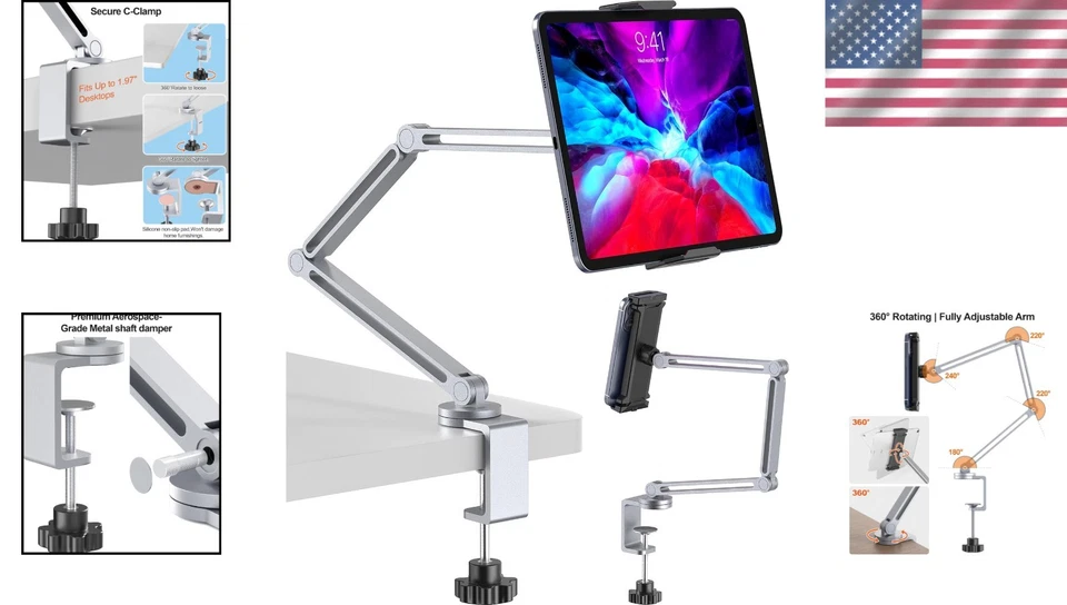 Sleek Silver Tablet Arm Mount with Strong Clamp – Easy Setup for Any Surface - Image 2 of 4