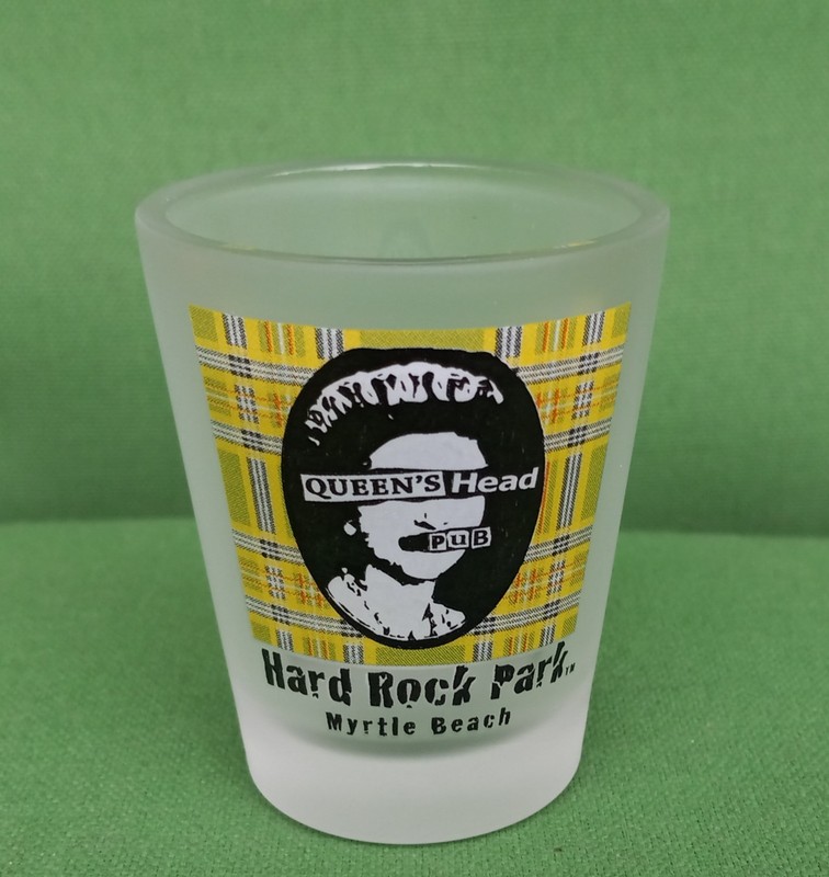Shot Glass Queens Head Pub Hard Rock Park Myrtle Beach Frosted Glass