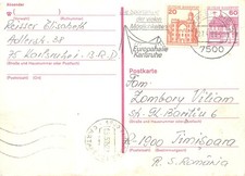 E0057 Germany postal stationery postcard Karlsruhe to Timisoara, Romania 1989