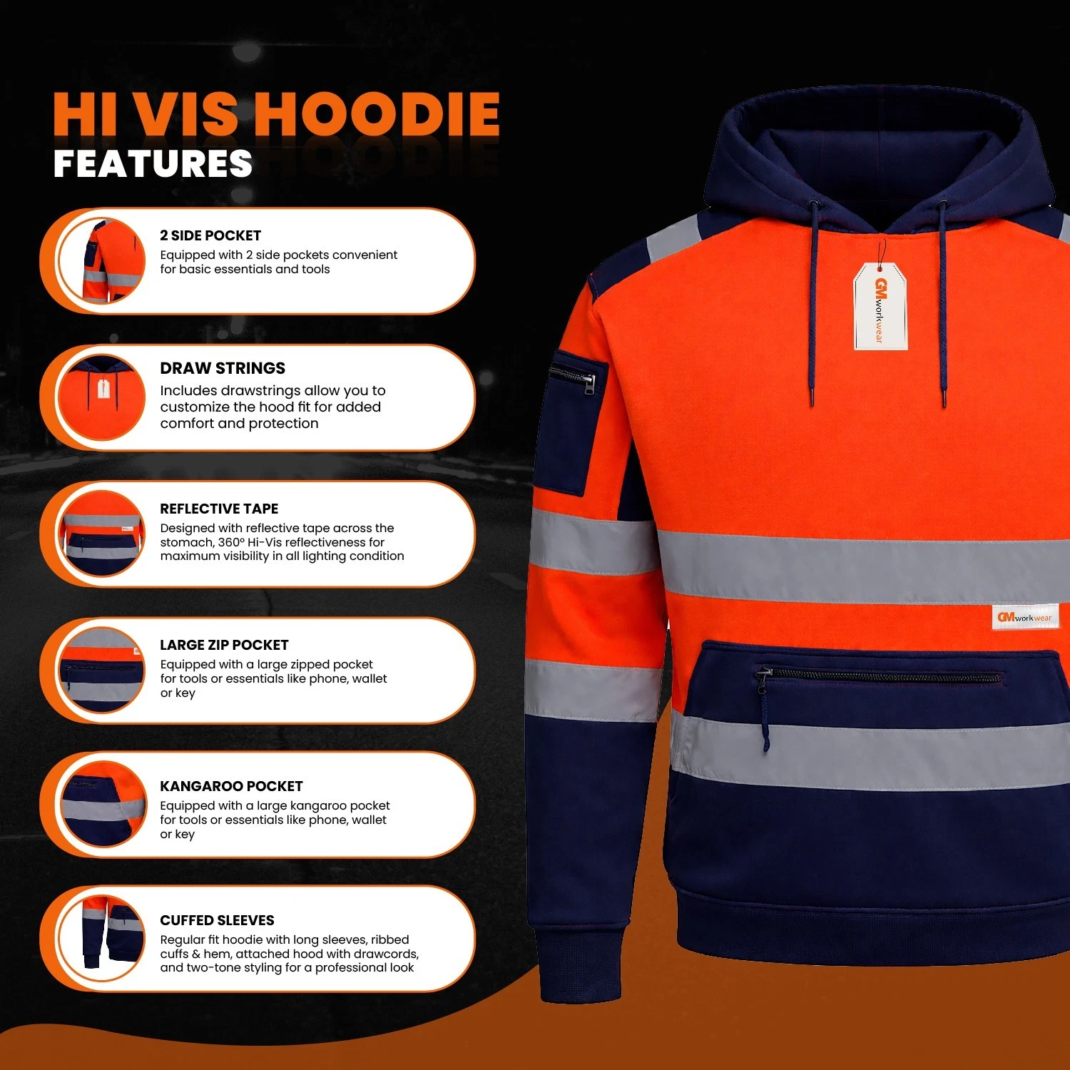 Hi-vis pullover hoodie zipped kangaroo pocket and reflective front layout