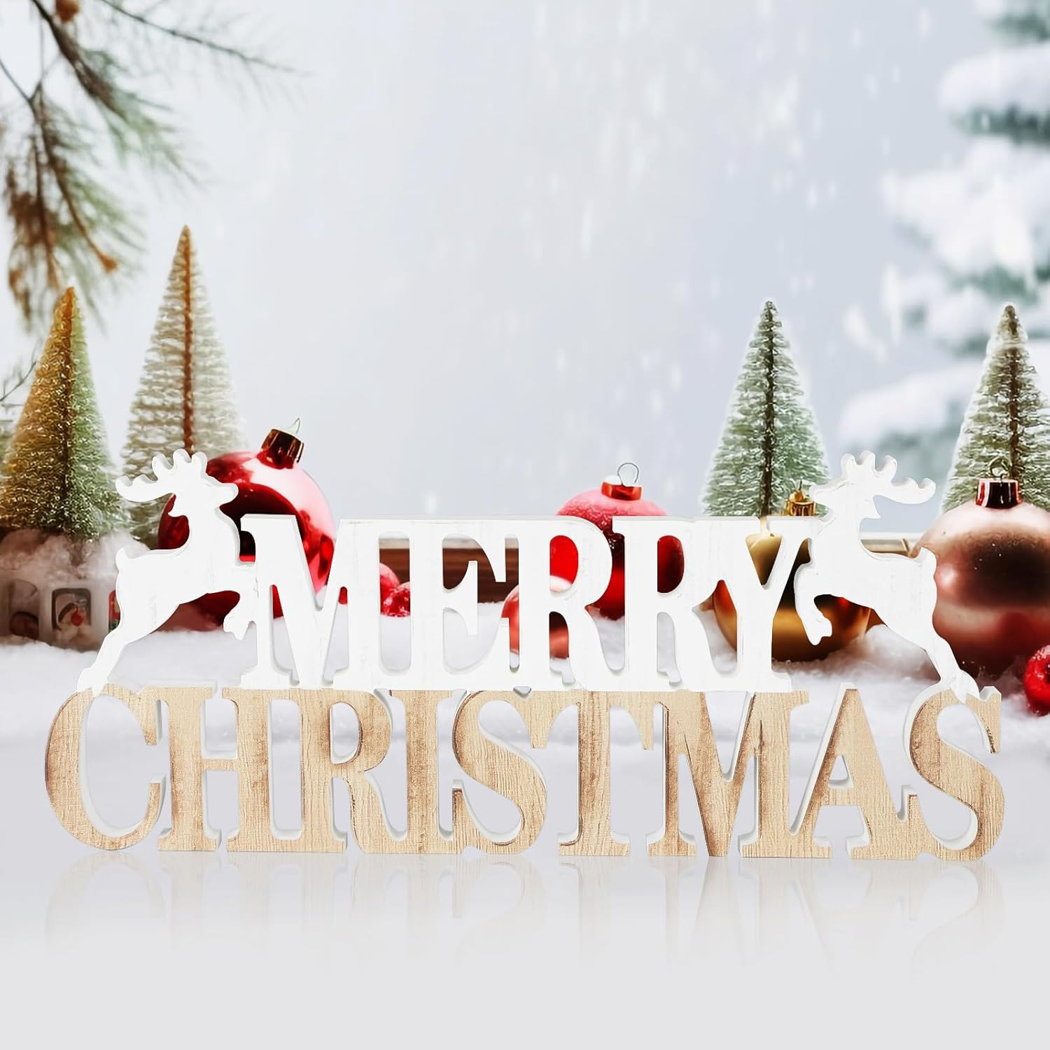 как выглядит Merry Christmas Reindeer Wooden Sign Indoor Tabletop Decorations Xmas Gift фото