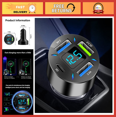 4-Port Fast USB Car Charger Adapter, Type C PD 3.1 QC 3.0, Voltmeter, iPhone Sam
