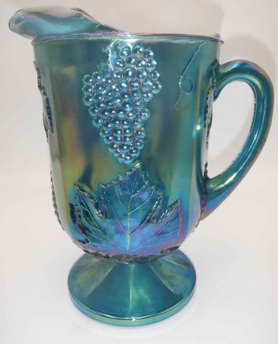 Indiana Carnival Glass Iridescent Blue Harvest Grapes Footed Pitcher READ 10"+ - Picture 2 of 14
