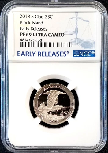2018 S Proof Clad Block Island Quarter, NGC Early Releases, PF 69 Ultra Cameo!