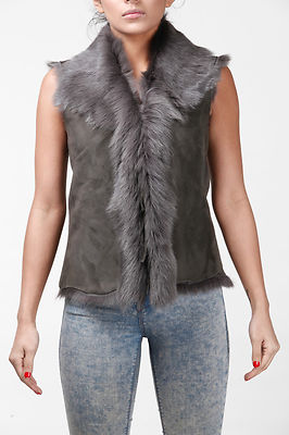 Damen Damen kurze graue toskanische Shearling Leder Lammfell Weste Weste