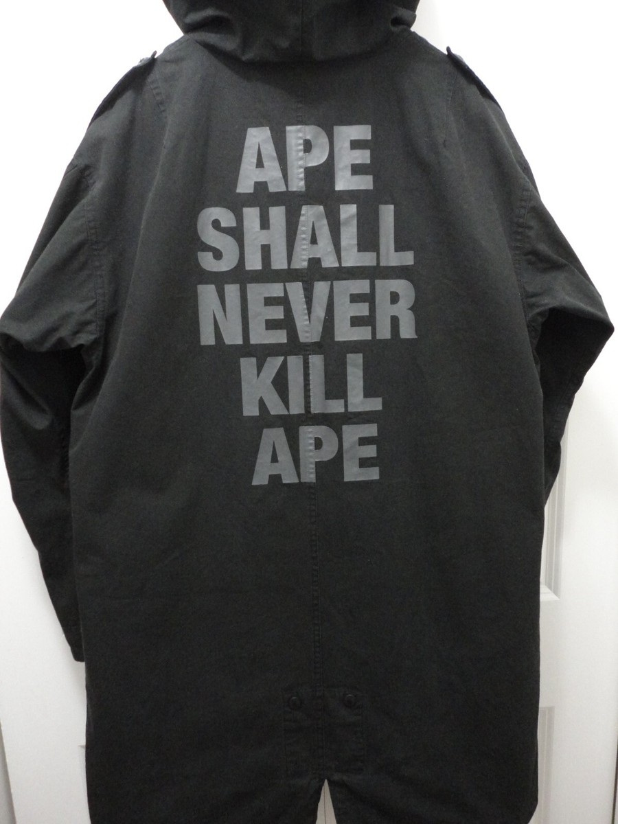BAPE A BATHING APE Black Long Fishtail Parka L Coat Jacket APE