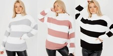 UK LADIES WOMENS CHUNKY KNITTED STRIPED CASUAL BAGGY WINTER OVERSIZED JUMPER TOP