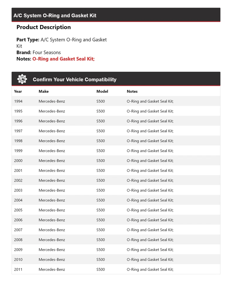 For 1994-2011 Mercedes-Benz S500 A/C System O-Ring and Gasket Kit 4 Seasons 1995 - Image 2 of 4