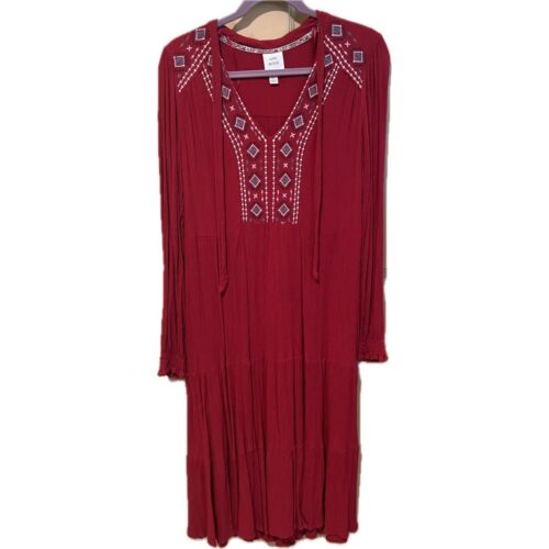 Knox Rose Red Tie-Neck Boho Embroidered Maxi Dress